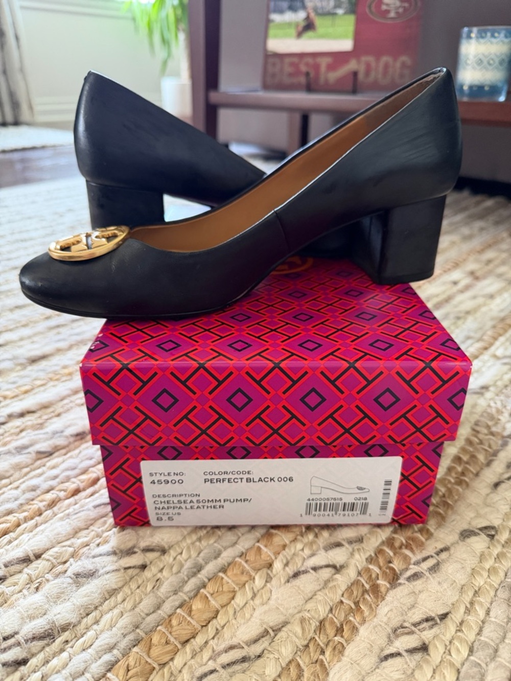 Tory Burch Black Leather Block Heel Pump with Gold Logo